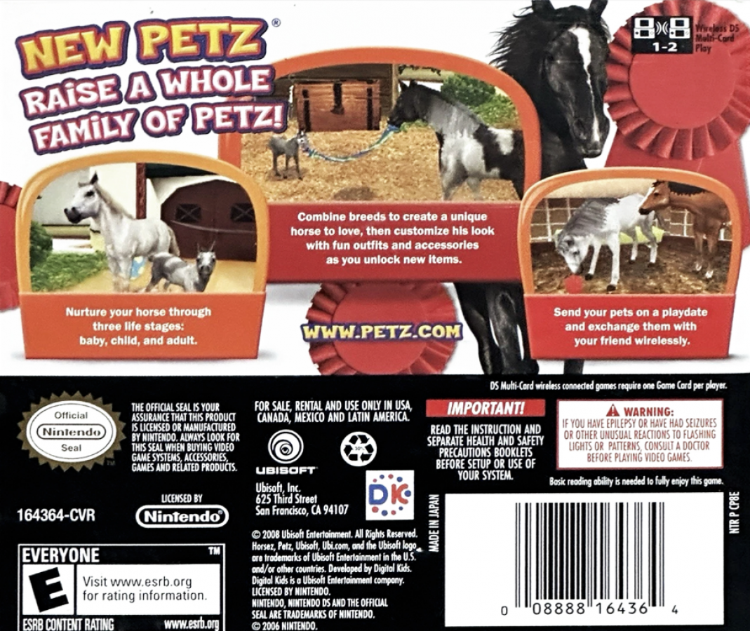 Petz Horseshoe Ranch for Nintendo DS (DS), back of box for a retro video game featuring horse care simulation gameplay, ranch management, riding challenges, pet customization, and family-friendly adventure activities