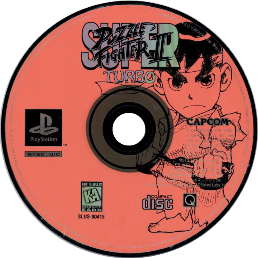 Disc art for Super Puzzle Fighter II Turbo PlayStation 1 game featuring competitive gem-matching puzzle gameplay with Capcom characters