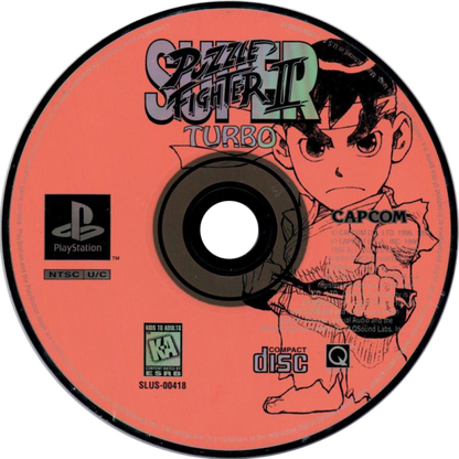 Disc art for Super Puzzle Fighter II Turbo PlayStation 1 game featuring competitive gem-matching puzzle gameplay with Capcom characters