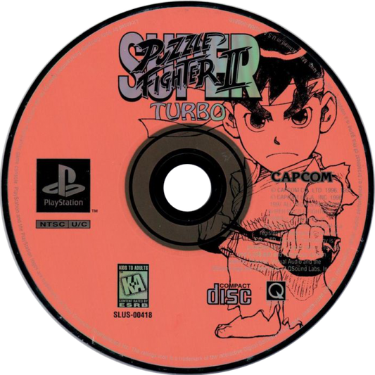 Disc art for Super Puzzle Fighter II Turbo PlayStation 1 game featuring competitive gem-matching puzzle gameplay with Capcom characters