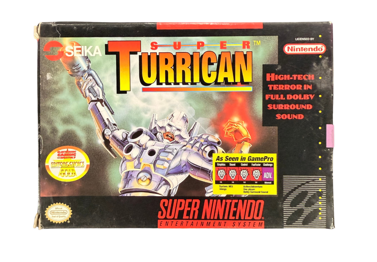 Super Turrican Super Nintendo Entertainment System SNES retro video game action platformer featuring futuristic combat powerful weapons alien enemies challenging levels explosive action classic 16 bit graphics Super Nintendo gaming experience retro game collection appeal cover art