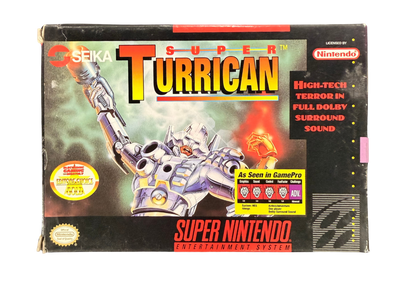 Super Turrican Super Nintendo Entertainment System SNES retro video game action platformer featuring futuristic combat powerful weapons alien enemies challenging levels explosive action classic 16 bit graphics Super Nintendo gaming experience retro game collection appeal cover art
