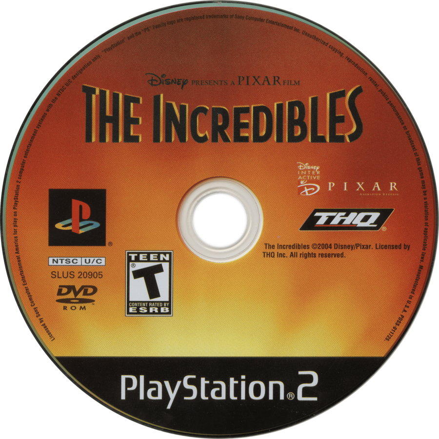 Disney Pixar The Incredibles disc for PlayStation 2 (PS2) action-adventure video game based on the animated film