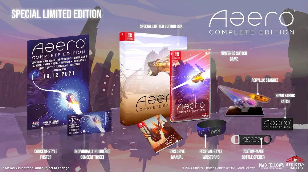 Aaero Complete Edition Nintendo Switch for retro video game enthusiasts featuring rhythm action gameplay music synchronized flight mechanics fast paced shooting sequences neon visual style immersive electronic soundtrack and collectible gaming appeal contents