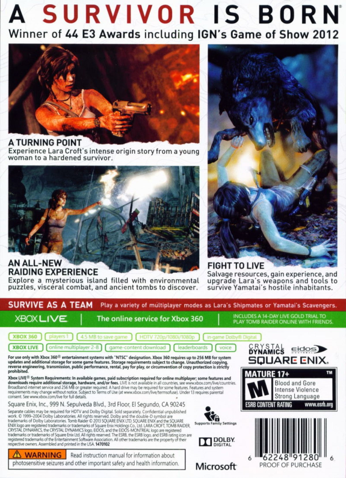 Tomb Raider back cover art for XBox 360 (X360) video game