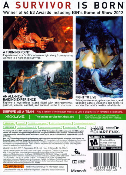 Tomb Raider back cover art for XBox 360 (X360) video game
