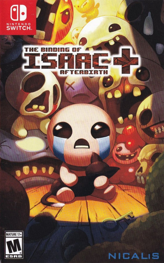 The Binding of Isaac Afterbirth+ Nintendo Switch NS for roguelike action video game fans featuring dungeon crawling randomly generated levels twin stick shooting challenging enemies item collection character upgrades boss battles dark humor multiple playable characters and endless replayable gameplay collectible gaming appeal front cover art