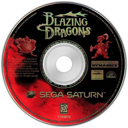 Blazing Dragons for Sega Saturn (SS) at Gamers INC, featuring the whimsical point-and-click adventure based on the cult-classic animated series from Monty Python’s Terry Jones; play as Flicker, a commoner dragon with noble dreams, as you solve clever puzzles, engage in witty dialogue, and navigate the "Knights of the Round Table" parody to win the Dragon Tournament and the heart of Princess Flame in this charmingly eccentric 32-bit quest disc