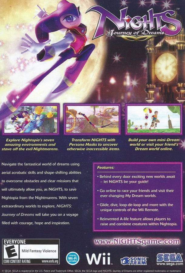 NiGHTS: Journey of Dreams – Nintendo Wii (Wii) fantasy flight action-adventure video game back of case