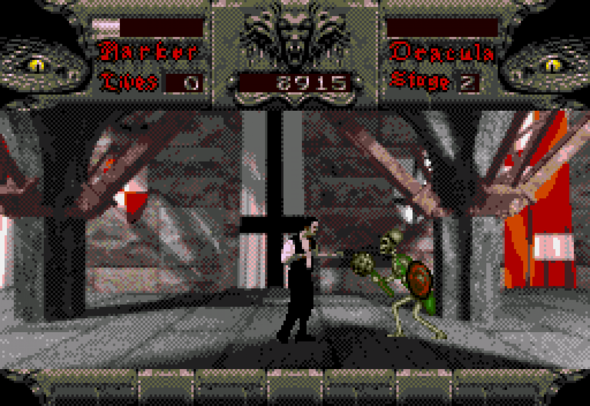Bram Stokers Dracula Sega CD action platformer movie tie in based on film gothic horror vampire combat side scrolling gameplay castle exploration enemies boss battles cinematic FMV cutscenes retro gaming Sega CD software video game title gameplay