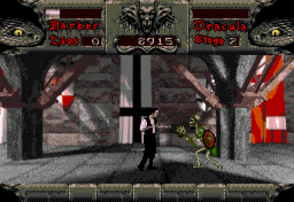 Bram Stokers Dracula Sega CD action platformer movie tie in based on film gothic horror vampire combat side scrolling gameplay castle exploration enemies boss battles cinematic FMV cutscenes retro gaming Sega CD software video game title gameplay