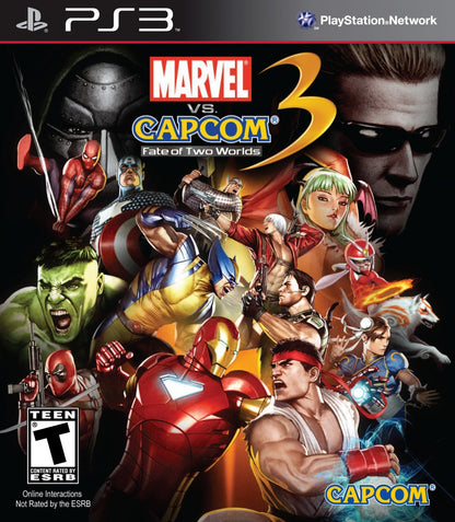 Marvel vs Capcom 3 Fate of Two Worlds PS3 game featuring fast-paced tag-team fighting action, iconic crossover characters, and competitive arcade-style battles front cover
