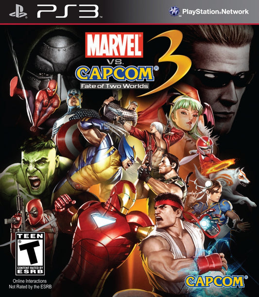 Marvel vs Capcom 3 Fate of Two Worlds PS3 game featuring fast-paced tag-team fighting action, iconic crossover characters, and competitive arcade-style battles front cover