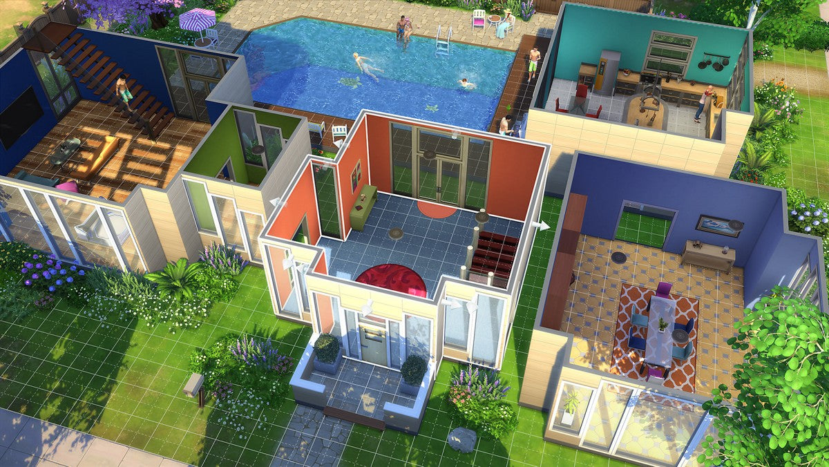The Sims 4 for PlayStation 4, gameplay for a life simulation video game with character creation, home building, social interactions, and sandbox lifestyle gameplay