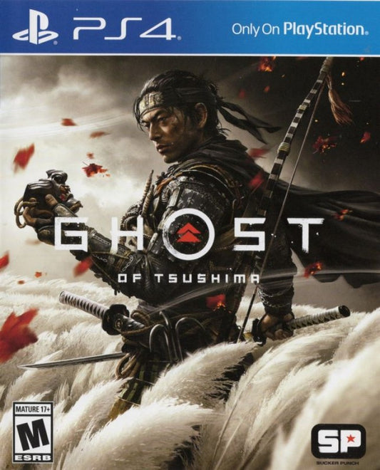 Ghost of Tsushima – PlayStation 4 (PS4) video game cover image, open-world samurai action adventure by Sucker Punch Productions and Sony Interactive Entertainment