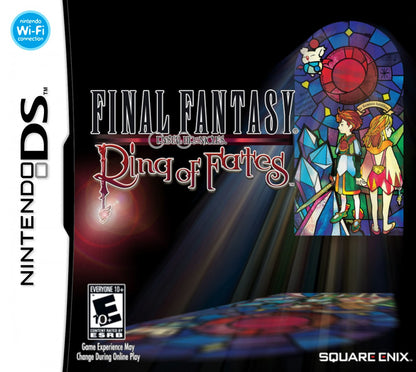 Final Fantasy Crystal Chronicles Ring of Fates game for the Nintendo DS featuring action RPG gameplay with real time combat multiplayer co op and a story driven fantasy adventure with twin protagonists exploring magical worlds cover art