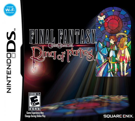 Final Fantasy Crystal Chronicles Ring of Fates game for the Nintendo DS featuring action RPG gameplay with real time combat multiplayer co op and a story driven fantasy adventure with twin protagonists exploring magical worlds cover art