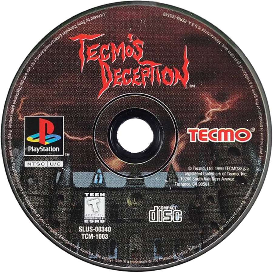 Tecmo's Deception: Invitation to Darkness PlayStation 1 PS1 strategy trap-setting action game dark fantasy castle defense first-person dungeon crawler disc art