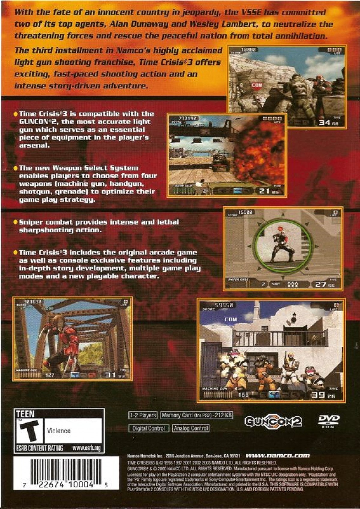 Time Crisis 3 – PlayStation 2 (PS2) video game back of case, on-rails light gun shooter.