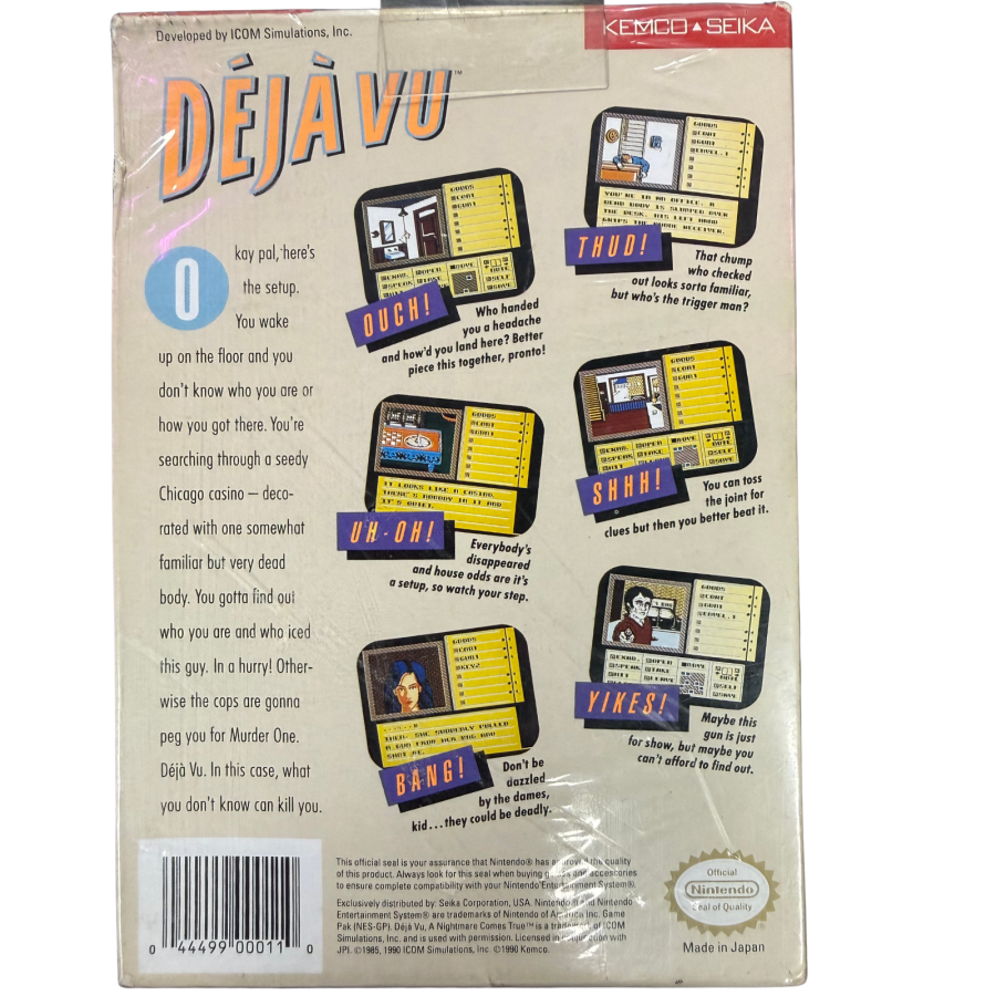 Deja Vu Nintendo Entertainment System NES factory sealed for adventure mystery video game fans featuring detective investigation noir storytelling clue solving item collection exploration puzzles atmospheric locations and classic point and click gameplay collectible retro Nintendo gaming appeal sealed collector condition back cover