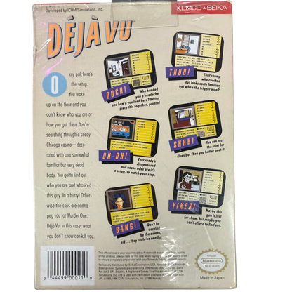 Deja Vu Nintendo Entertainment System NES factory sealed for adventure mystery video game fans featuring detective investigation noir storytelling clue solving item collection exploration puzzles atmospheric locations and classic point and click gameplay collectible retro Nintendo gaming appeal sealed collector condition back cover