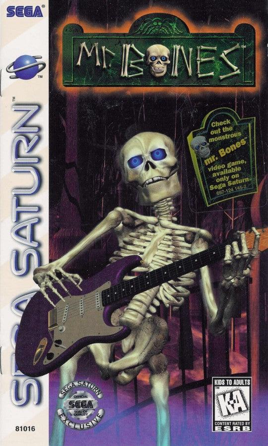 Mr Bones Sega Saturn action adventure rhythm game quirky animated skeleton protagonist side scrolling combat music based gameplay hand drawn animation surreal humor Sega experimental classic retro gaming Sega Saturn software video game title cover art