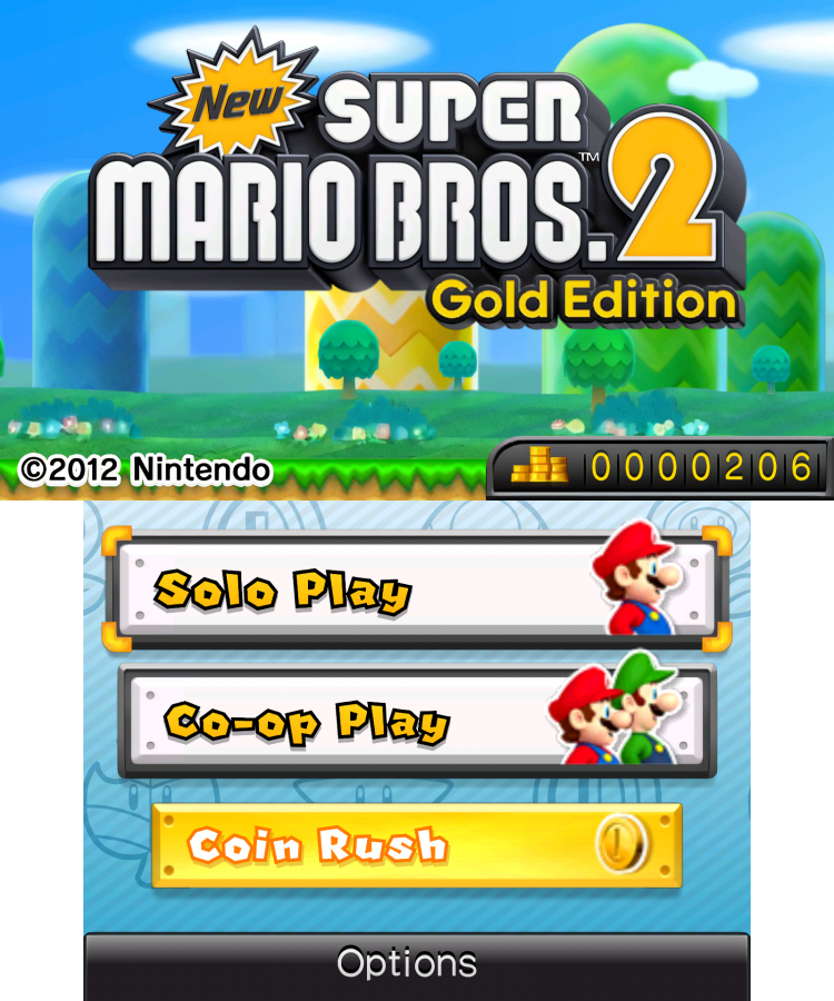 New Super Mario Bros. 2 home screen for Nintendo 3DS (3DS) platformer video game