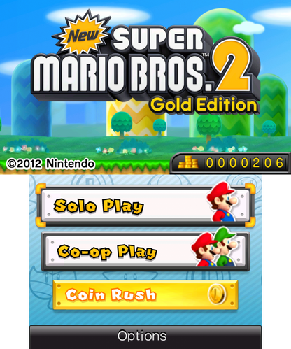 New Super Mario Bros. 2 home screen for Nintendo 3DS (3DS) platformer video game