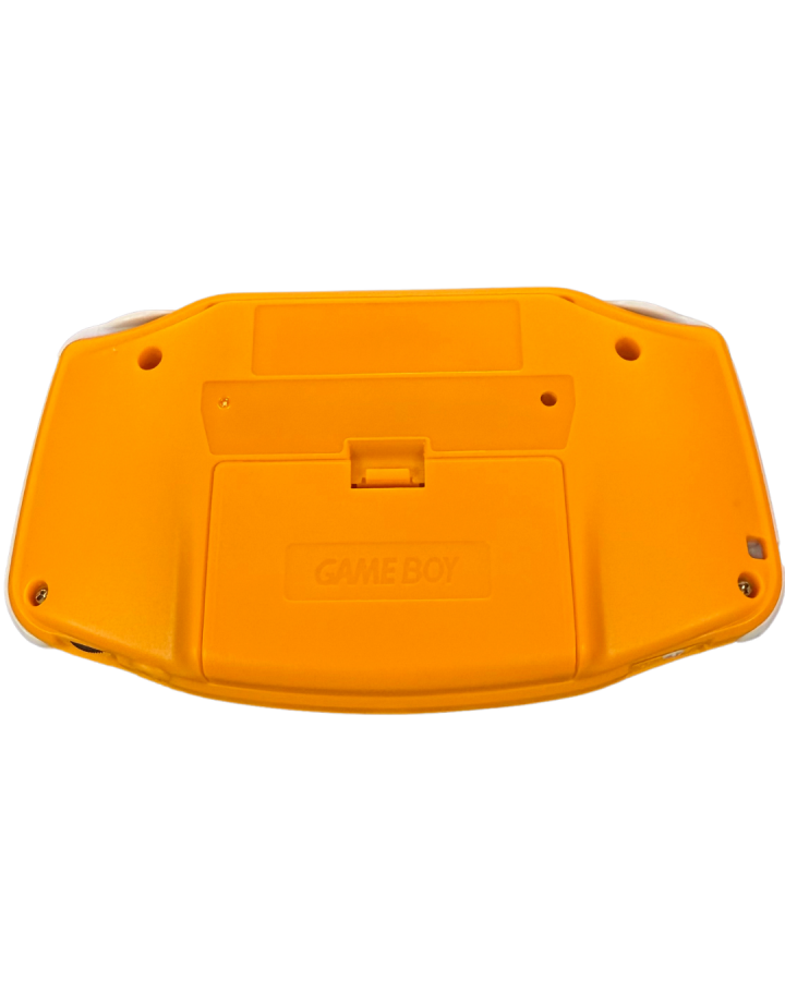Game Boy Advance handheld system in orange featuring horizontal design, color screen, rechargeable battery, and compatibility with Game Boy Advance cartridges for portable gaming