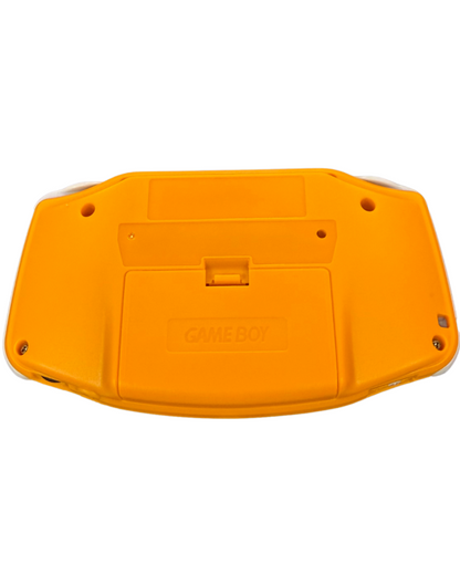 Game Boy Advance handheld system in orange featuring horizontal design, color screen, rechargeable battery, and compatibility with Game Boy Advance cartridges for portable gaming