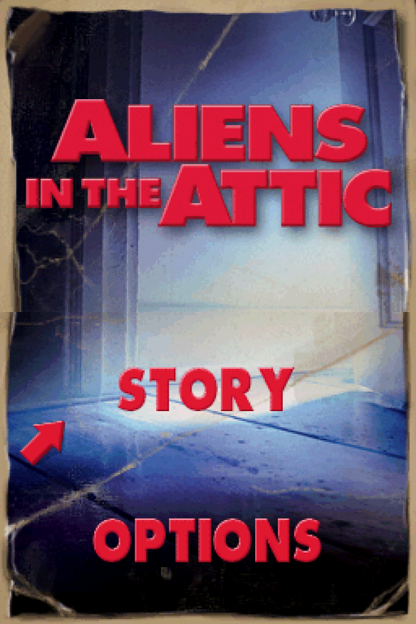 Aliens in the Attic start screen for Nintendo DS (DS) action adventure video game