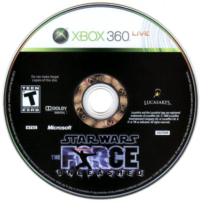 Star Wars: The Force Unleashed disc for Xbox 360 (X360) action-adventure sci-fi video game