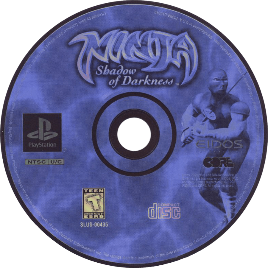 Ninja Shadow of Darkness game for the PlayStation featuring action hack and slash gameplay with platforming elements as a ninja warrior battles enemies using swords shuriken and special abilities across dark themed levels disc