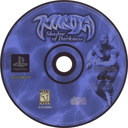 Ninja Shadow of Darkness game for the PlayStation featuring action hack and slash gameplay with platforming elements as a ninja warrior battles enemies using swords shuriken and special abilities across dark themed levels disc