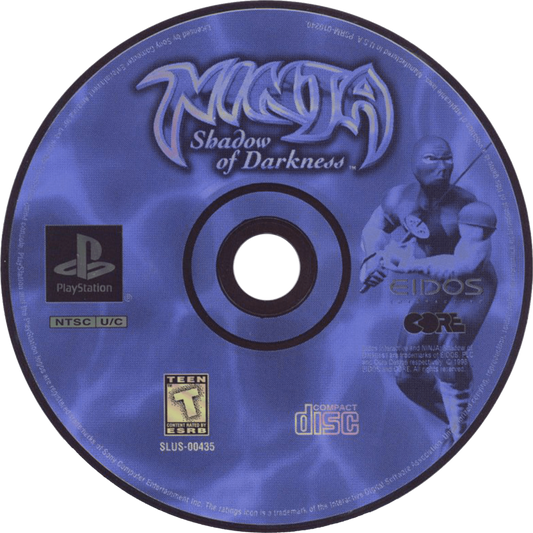Ninja Shadow of Darkness game for the PlayStation featuring action hack and slash gameplay with platforming elements as a ninja warrior battles enemies using swords shuriken and special abilities across dark themed levels disc