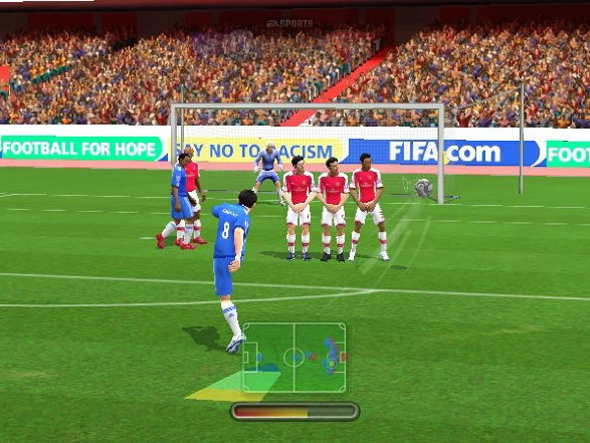 FIFA Soccer 10 Nintendo Wii video game, soccer sports simulation, motion-controlled gameplay, multiplayer, EA Sports title gameplay screenshot
