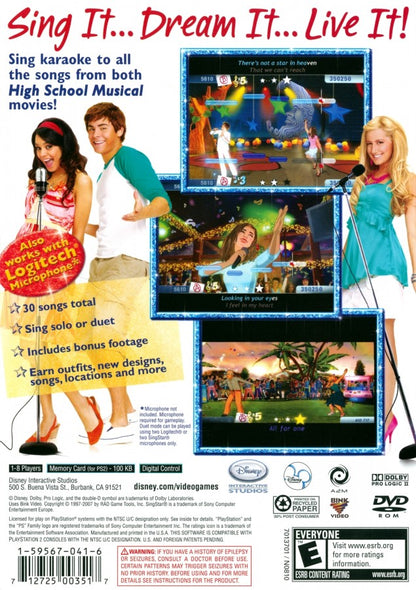 Disney Sing It: High School Musical back of case for PlayStation 2 (PS2) karaoke music rhythm video game based on the High School Musical films