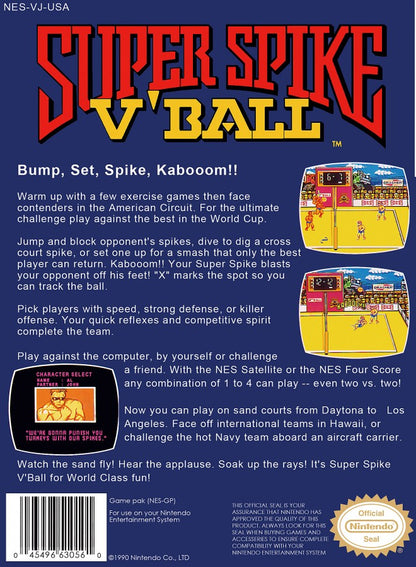 Super Spike V'Ball Nintendo Entertainment System NES for sports volleyball video game fans featuring fast paced beach volleyball matches arcade style gameplay single player and multiplayer modes tournament competition power shots classic Nintendo entertainment retro gaming collectible gaming appeal back cover art