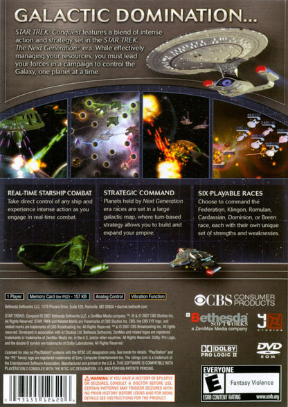 Star Trek Conquest PlayStation 2 PS2 for strategy video game fans featuring turn based galactic warfare iconic Star Trek factions space fleet battles planetary conquest tactical gameplay single player campaign sci fi adventure collectible gaming appeal back cover art