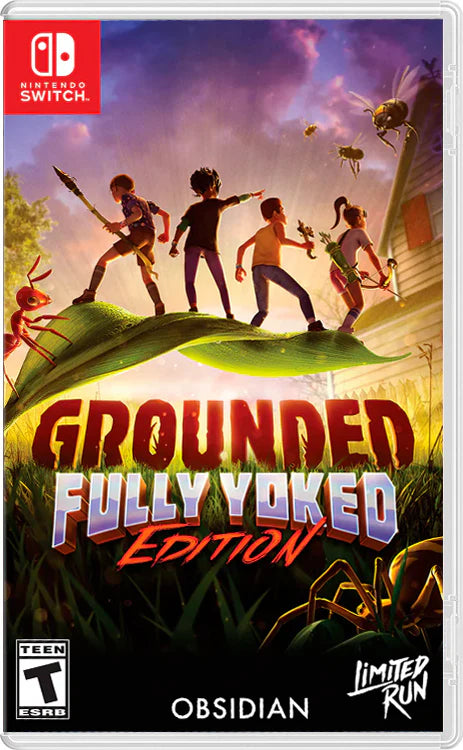 Grounded Fully Yoked Edition Nintendo Switch inspired design featuring cooperative survival adventure aesthetic miniature backyard world exploration crafting and base building dangerous insect encounters resource gathering gameplay vibrant environments and imaginative outdoor survival presentation front cover