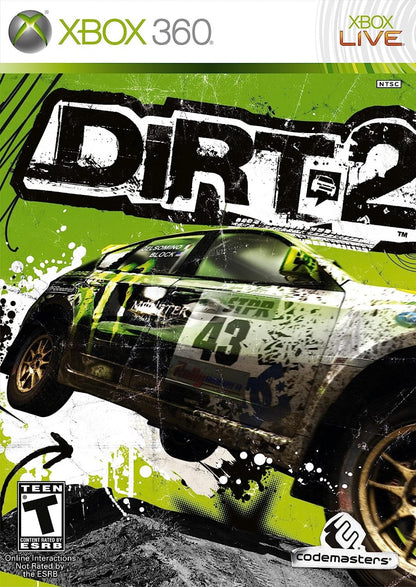 DiRT 2 for Xbox 360 off road racing video game featuring rally and extreme motorsports events dynamic tracks realistic handling competitive multiplayer and immersive Codemasters racing experience cover art
