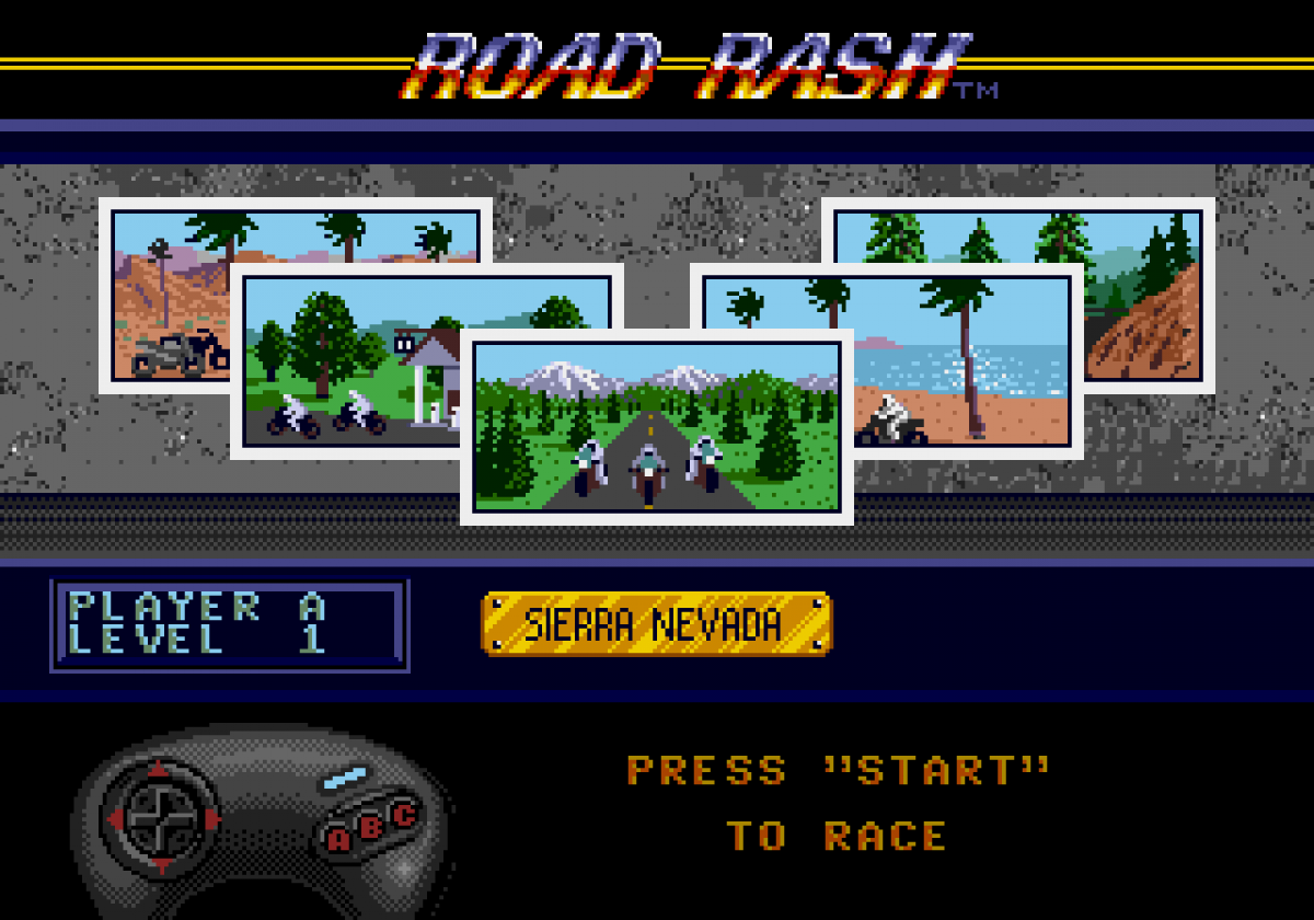 Road Rash Sega Genesis video game, motorcycle racing combat, arcade-style gameplay, retro EA sports action title main menu map selection