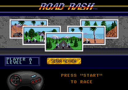 Road Rash Sega Genesis video game, motorcycle racing combat, arcade-style gameplay, retro EA sports action title main menu map selection
