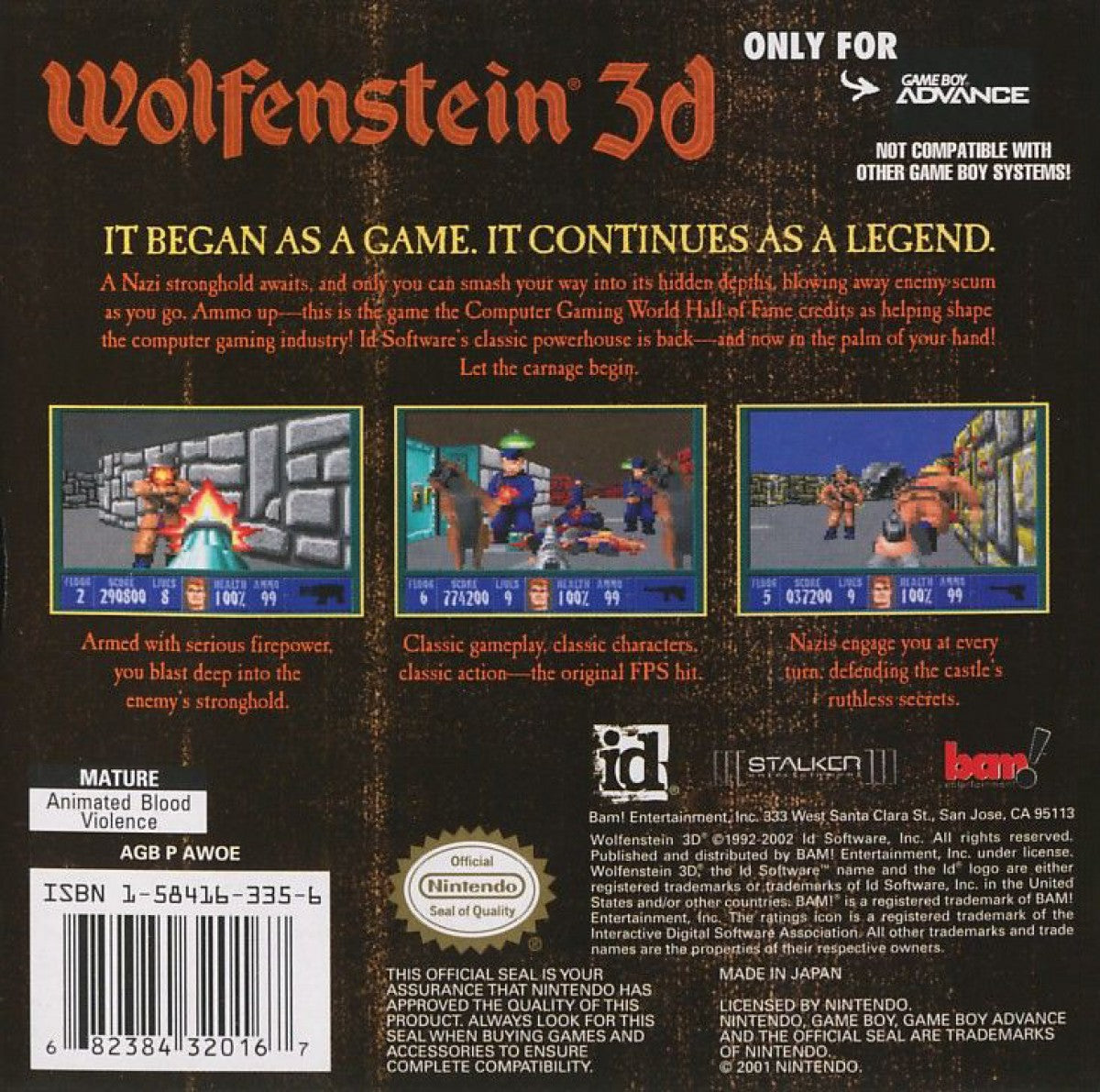 Wolfenstein 3D Game Boy Advance GBA video game featuring first person shooter gameplay Nazi fortress exploration weapon combat enemy encounters secret rooms mission based action and classic handheld gaming retro video game collection collectible gaming appeal back cover art