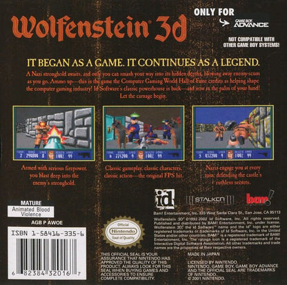 Wolfenstein 3D Game Boy Advance GBA video game featuring first person shooter gameplay Nazi fortress exploration weapon combat enemy encounters secret rooms mission based action and classic handheld gaming retro video game collection collectible gaming appeal back cover art