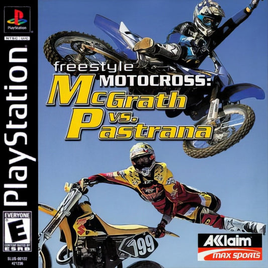 Freestyle Motocross McGrath vs. Pastrana PlayStation 1 PS1 video game, motocross racing and freestyle stunts, extreme sports action, classic console title front cover
