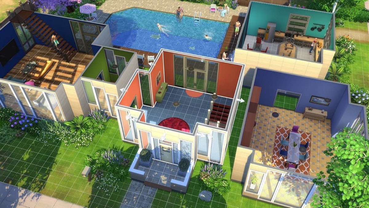 Sims 4 Deluxe Party Edition Xbox One life simulation game create and control virtual people build homes pursue careers form relationships, Deluxe Party Edition includes bonus content and party pack gameplay