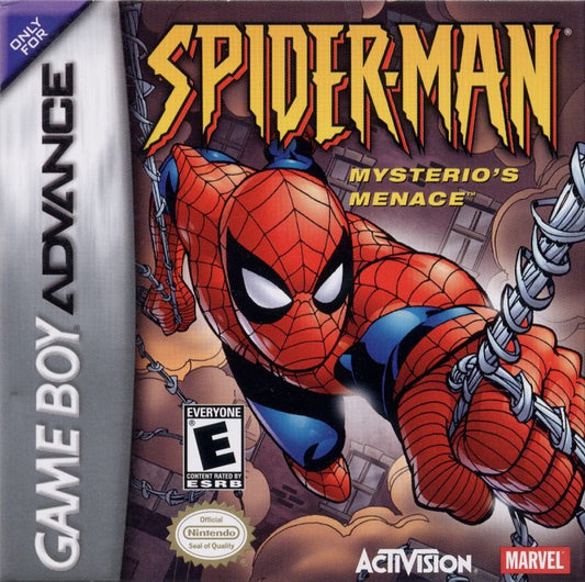 Spider Man Mysterio’s Menace Game Boy Advance GBA for retro video game enthusiasts featuring superhero action platforming gameplay web slinging combat villain encounters side scrolling adventure levels Marvel inspired missions fast paced handheld action and collectible gaming appeal front cover 