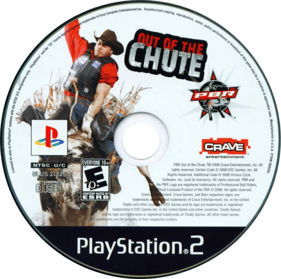 PBR Out of the Chute – PlayStation 2 (PS2) video game disc, professional bull riding sports game.