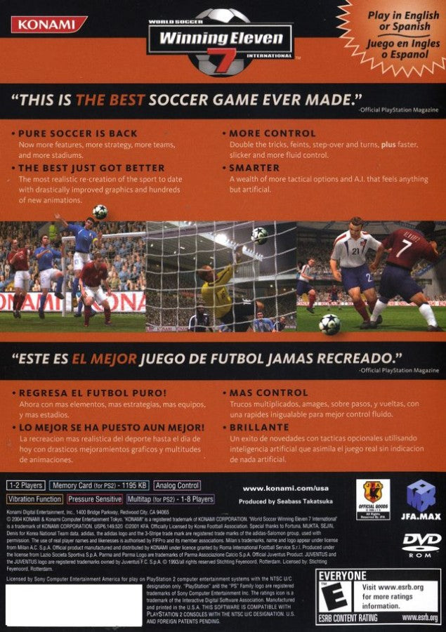 World Soccer: Winning Eleven 7 International – PlayStation 2 (PS2) video game back of case, soccer simulation.